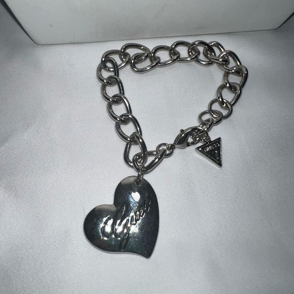 Guess Silver Tone and Black Crystal Heart